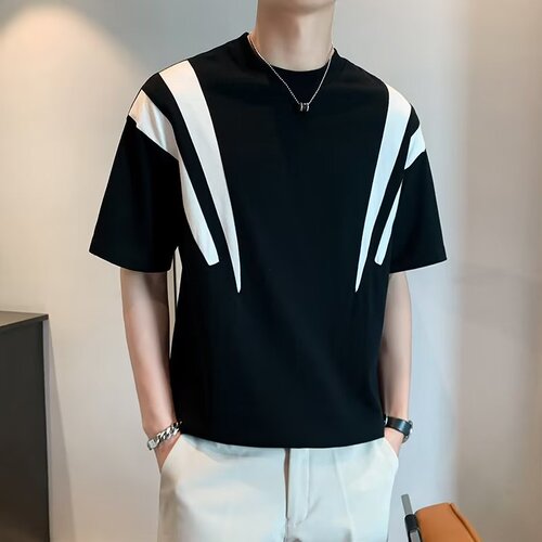 Men's Short Sleeve T-Shirt, Round Neck Thin Korean Style Slim Fit Ice Silk Half-Sleeve Knitted Shirt, Casual 5-Quarter Sleeve Summer Trendy Sweater