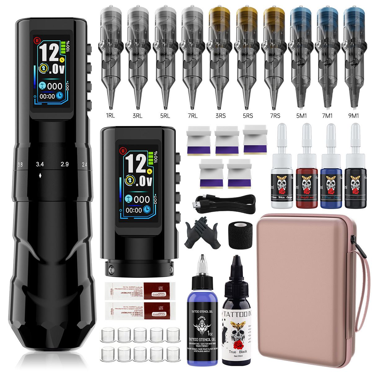 Máquina de tatuaje con motor sin núcleo de carrera ajustable de 4.2 mm, kit de tatuaje con batería dual, bolígrafo de punteado con batería, juego completo.