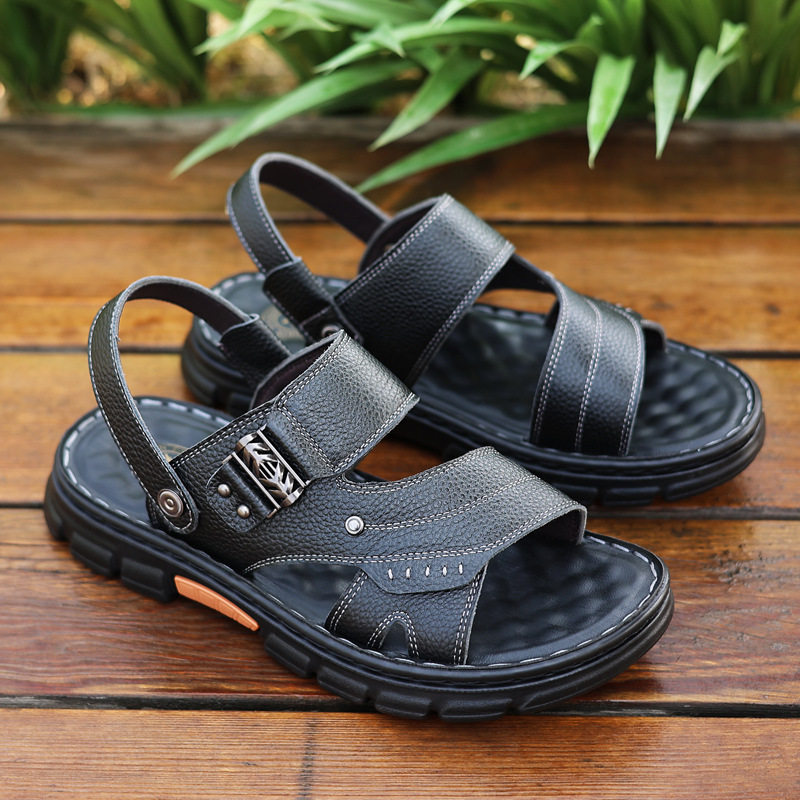 Dép sandal nam da bò đế dày chống trượt kiểu mới mùa hè, dép lê hở ngón mũi tròn — Màu nâu, màu đen