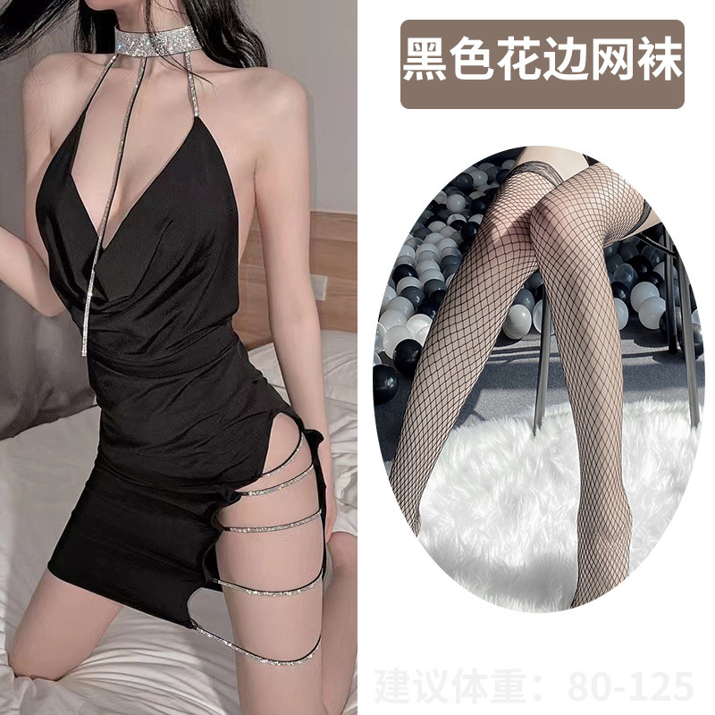 블랙 [브이넥 홀터넥 스커트 + 티셔츠] + 레이스 블랙 스몰 네트