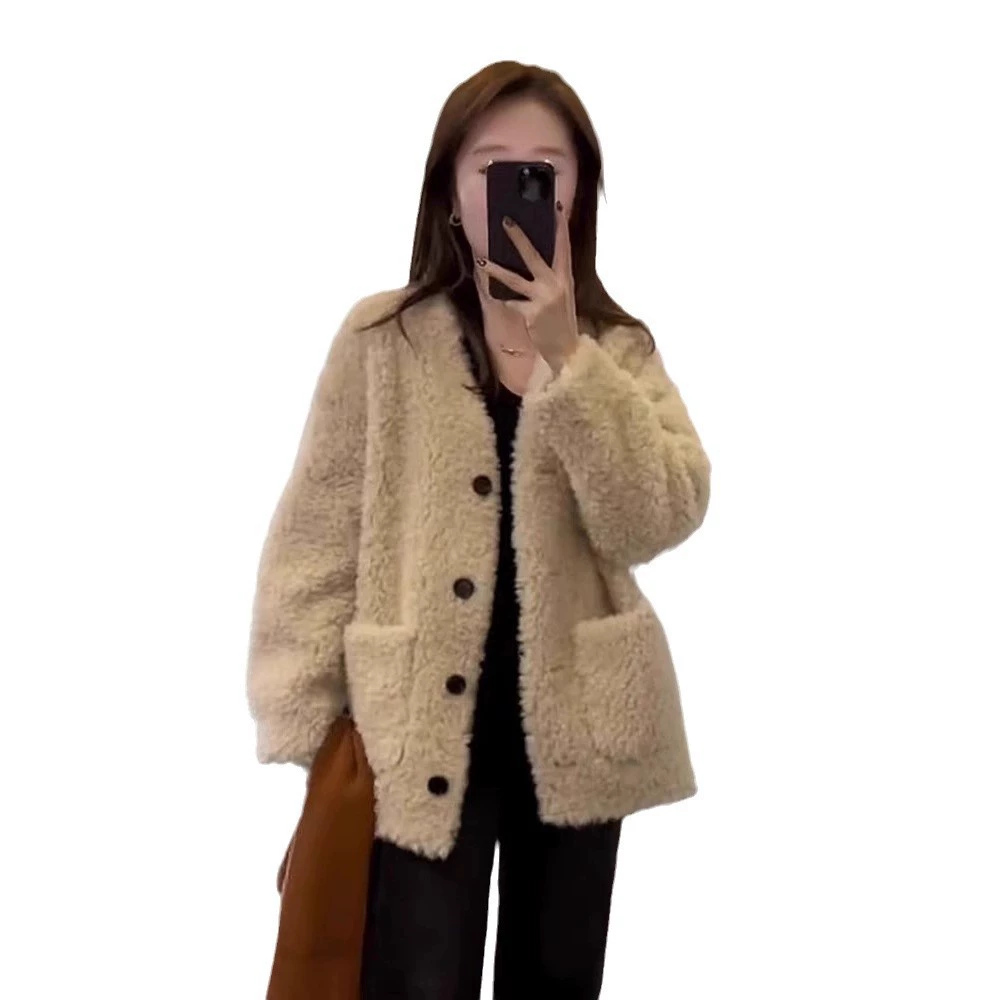 Демисезонное oversize Teddy-шерсть пальто, корейский стиль, V-образный вырез, высококачественный плюш, черный/серый/слоновая кость