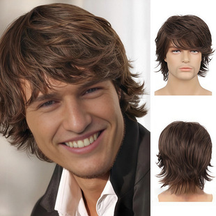 New European and American Men's Hair Brown Medium-Length Men's Hair Fashionable Style Fluffy Natural Men's Hair Chemical Fiber Head