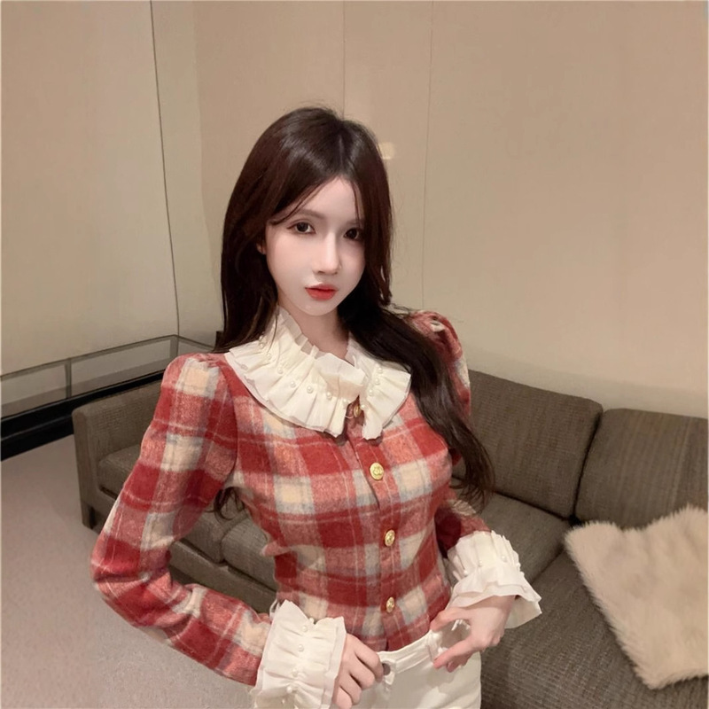 Chanel Style Puff Sleeve Plaid Shirt Women's Autumn and Winter Doll Collar Base Shirt Pure Desire Top Christmas Woolen Jacket