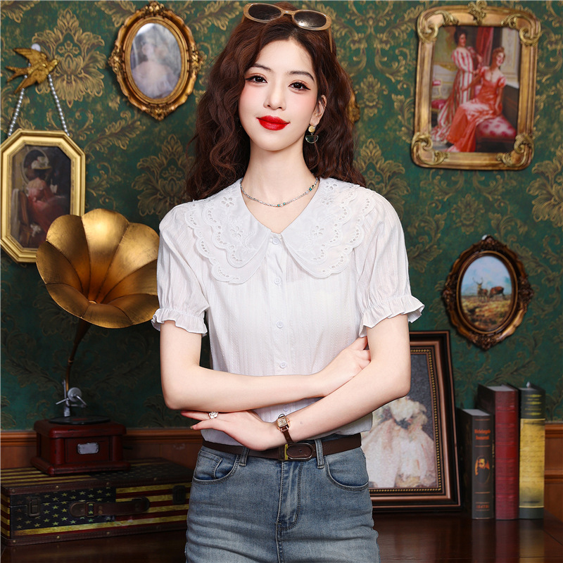 Real Shot Texture Shirt Women's Summer 2024 New French Hollow Lace Double Collar Puff Sleeve Top