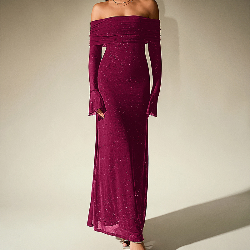 Cross-border Foreign Trade Mesh Spread Silver Square dress European and American Sexy off-shoulder Horn Long-sleeved Dress Cross-border Foreign Trade Mesh Spread Silver Square dress European and American Sexy off-shoulder Horn Long-sleeved Dress