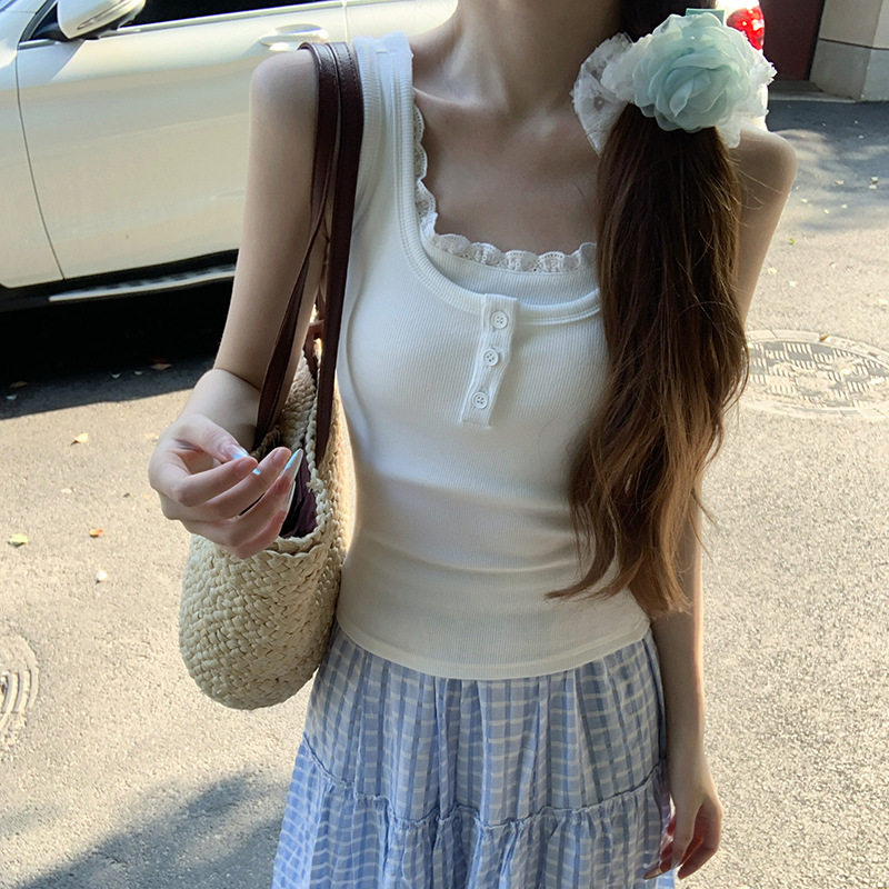 White Pure Desire Style Lace Sleeveless Vest Women's Summer 2025 New Fake Two-piece Short Slim-fit Outer Wear Inner Top