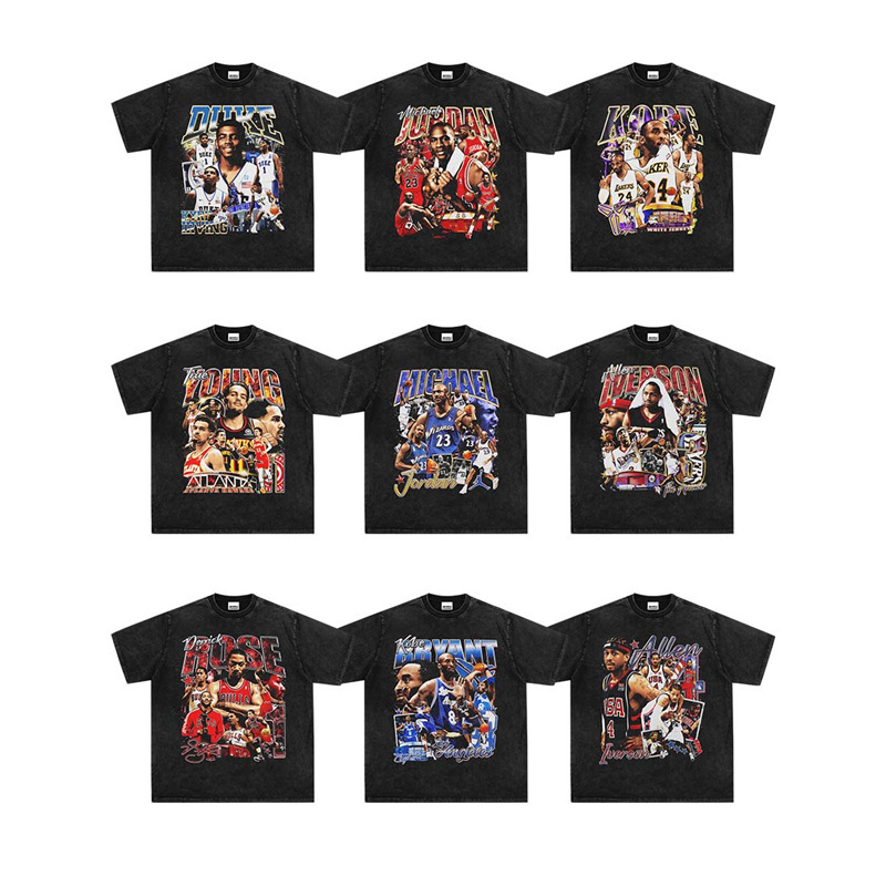 American Style Wash Retro T-Shirt Three Ball Owen James Iverson Printed Short Sleeve Men's Street Star Suit