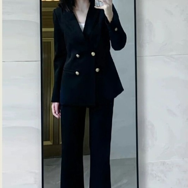 High-End Suit Set for Women, New Spring and Autumn Style, Elegant and Slimming Professional Formal Wear, Black Suit with Wide-Leg Pants Two-Piece Set High-End Suit Set for Women, New Spring and Autumn Style, Elegant and Slimming Professional Formal Wear, Black Suit with Wide-Leg Pants Two-Piece Set