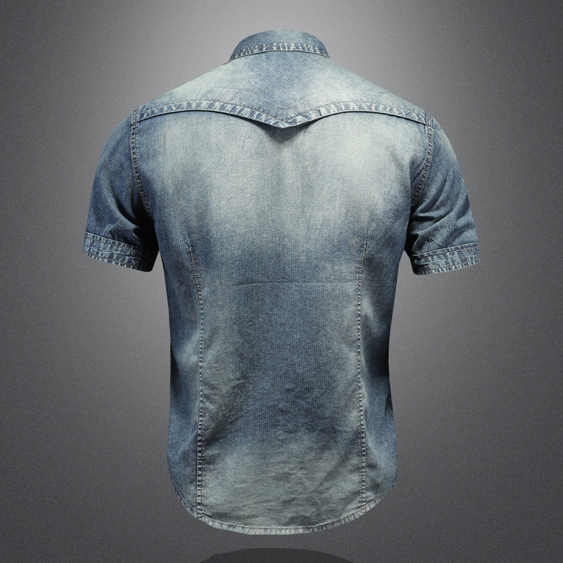 Camicia da uomo a maniche corte con colletto risvoltato, stile europeo e americano, per il commercio estero, camicia slim fit in denim lavato vintage per_voghion.com