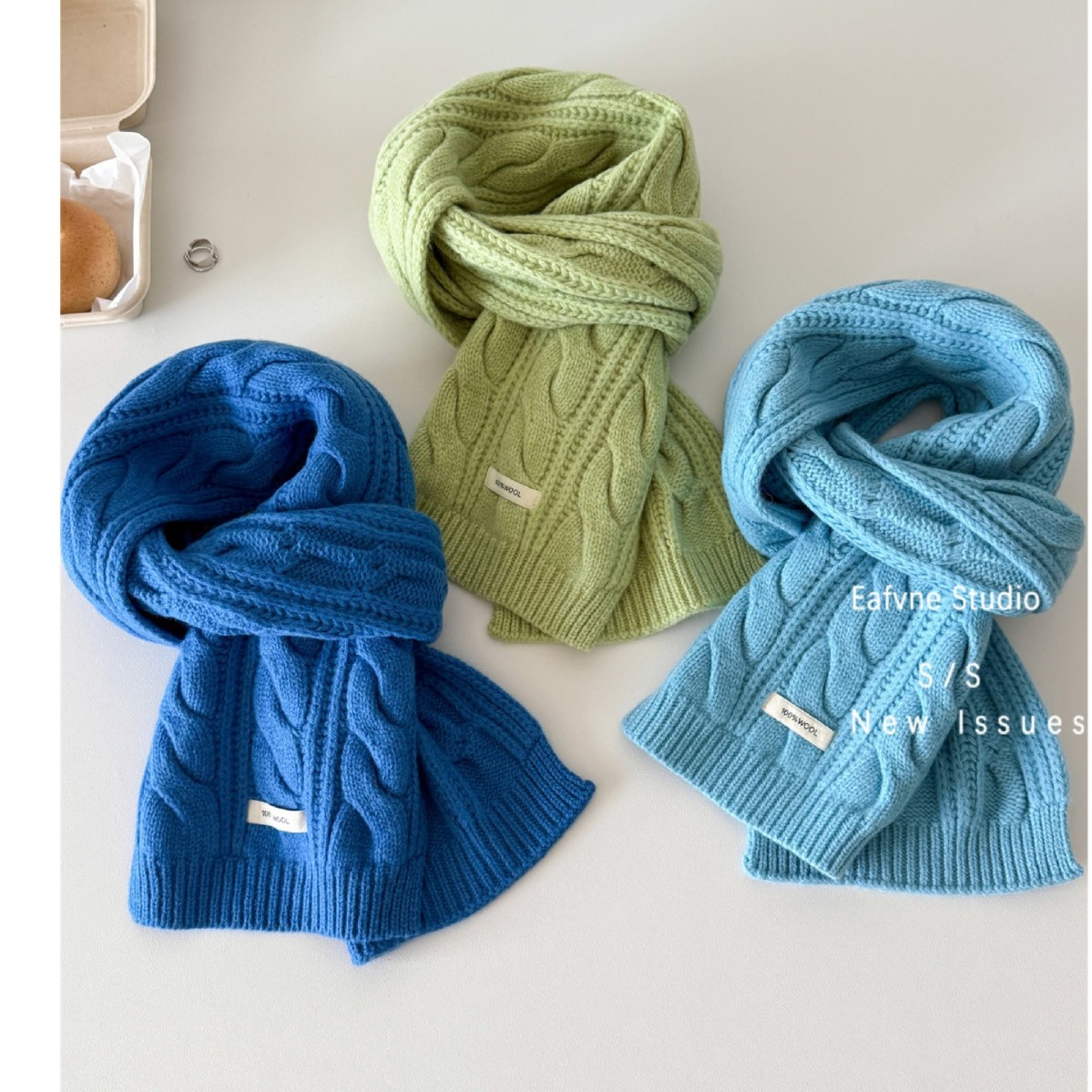 Retro knitted winter solid color keep warm scarf with pigtail