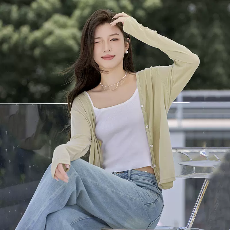 韵殿爆款裸感轻柔莱赛尔天丝开衫V领毛边长袖针织空调衫防晒上衣