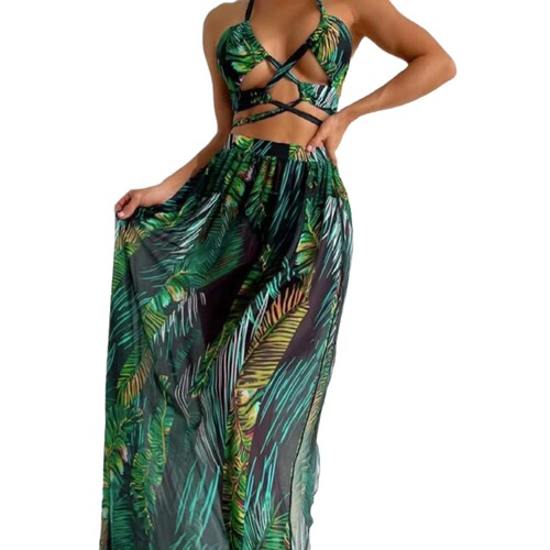Women's Sexy Three-Piece Swim Suit Set with Print, Drawstring, and Bandeau for 2024 - Amazon Cover Dress and Bodycon Bikini