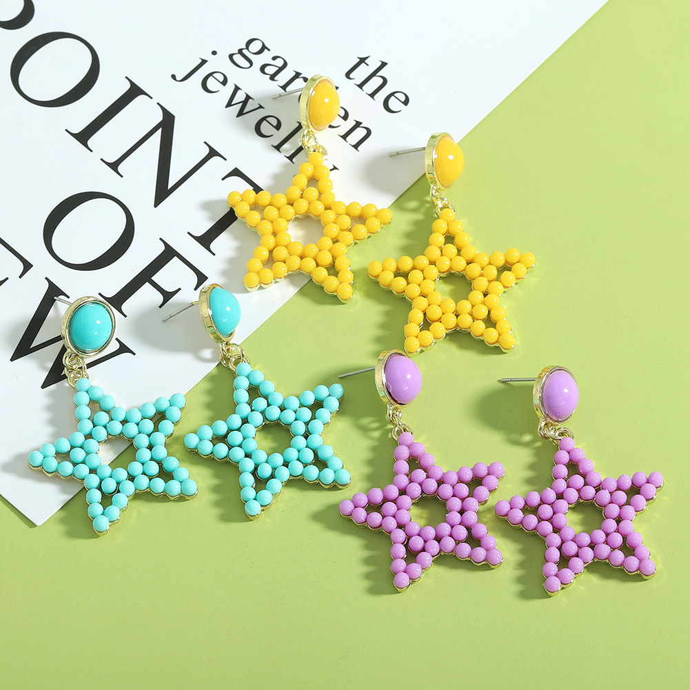 Hollow Rice Bead Five-pointed Star Korean Style Earrings Wholesale Jewelry Nihaojewelry display picture 2