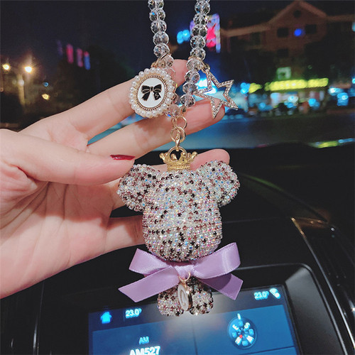 Car Ornament Feather Creative Personality Diamond-embellished Large-headed Violent Bear Car Rearview Mirror Decor Fashion Cute Lady