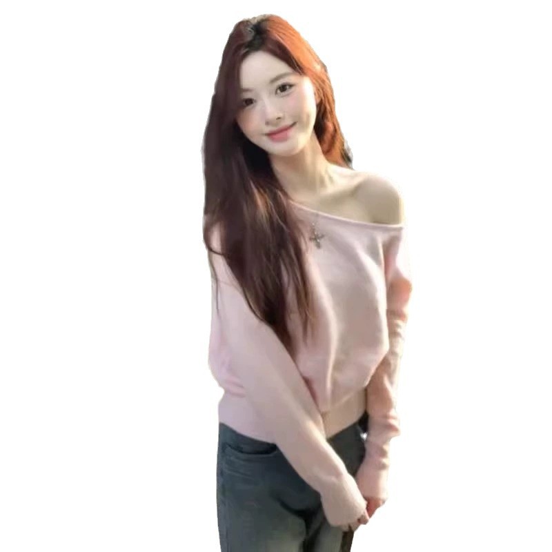 ChicShe ChicShe Pink Irregular Sweater For Women 2024 Early Autumn Winter New Off-Shoulder Knitted Top Korean Style Chic Outfit_voghion.com