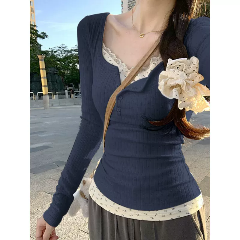 纯欲bm风蕾丝假两件长袖T恤女秋秋法式感修身内搭甜辣妹上衣平面