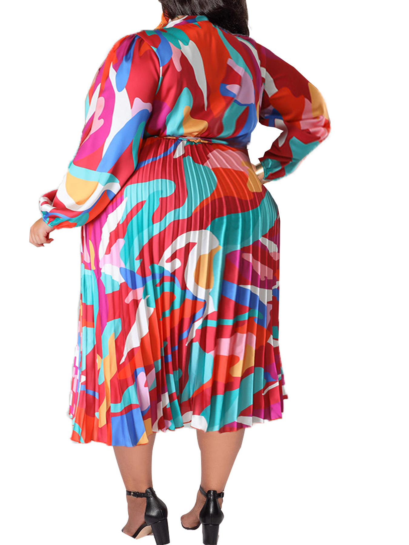 Damen Plus Size Plissee Kleid Mit Kragen Und Langen Ärmeln_voghion.com