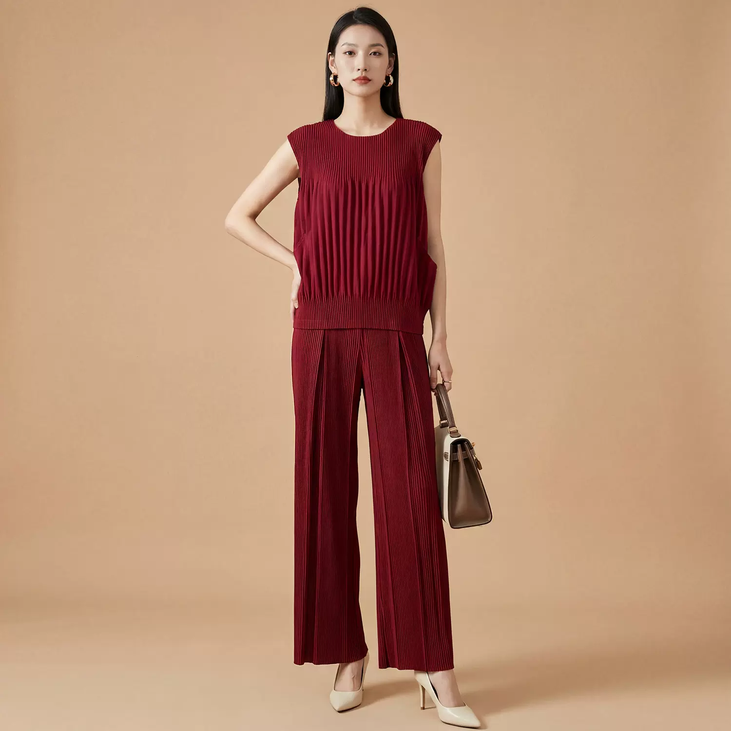 三宅时尚褶皱套装日系新款套装圆领无袖背心上衣直筒阔腿裤两件套