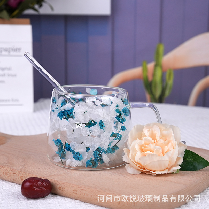 Flores verdaderas tazas de vidrio de doble capa, tazas de té de leche de doble capa de vidrio resistente al calor creativo, tazas de té de doble capa de flores incrustadas