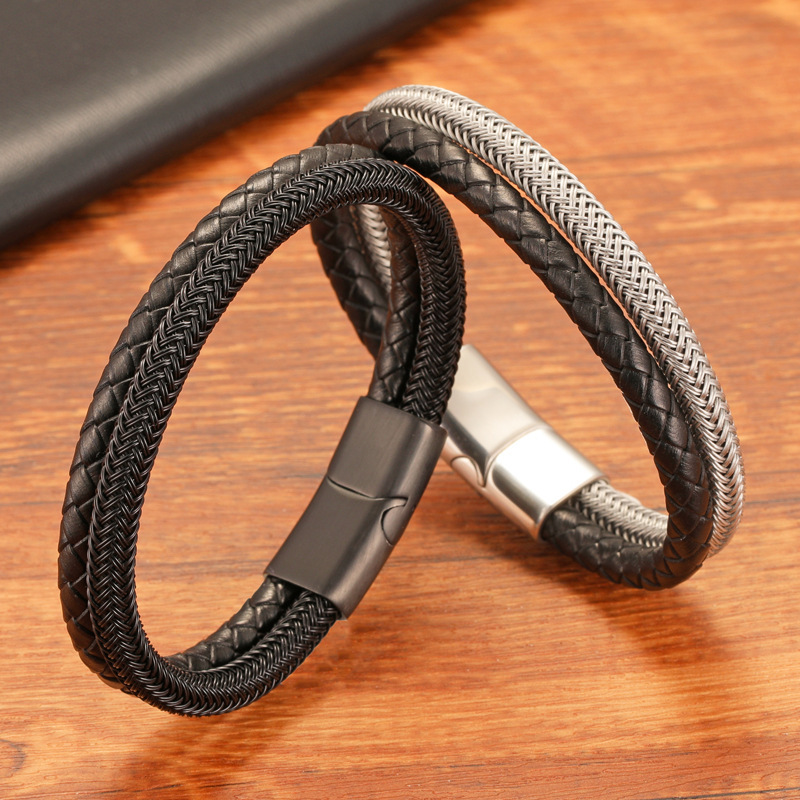 Cross-Border Men's steel rope leather rope double-layer bracelet European and American fashion simple personality stainless steel bracelet jewelry wholesale Cross-Border Men's steel rope leather rope double-layer bracelet European and American fashion simple personality stainless steel bracelet jewelry wholesale
