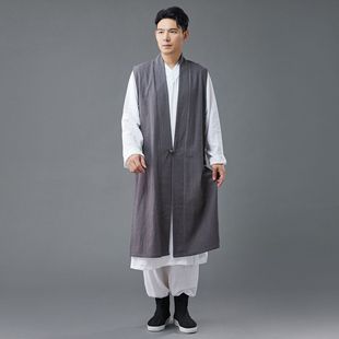 Men's Vintage Artistic Style Single-Button Long Jacket Made of Ramie Fabric, Chinese Style Casual Long Vest
