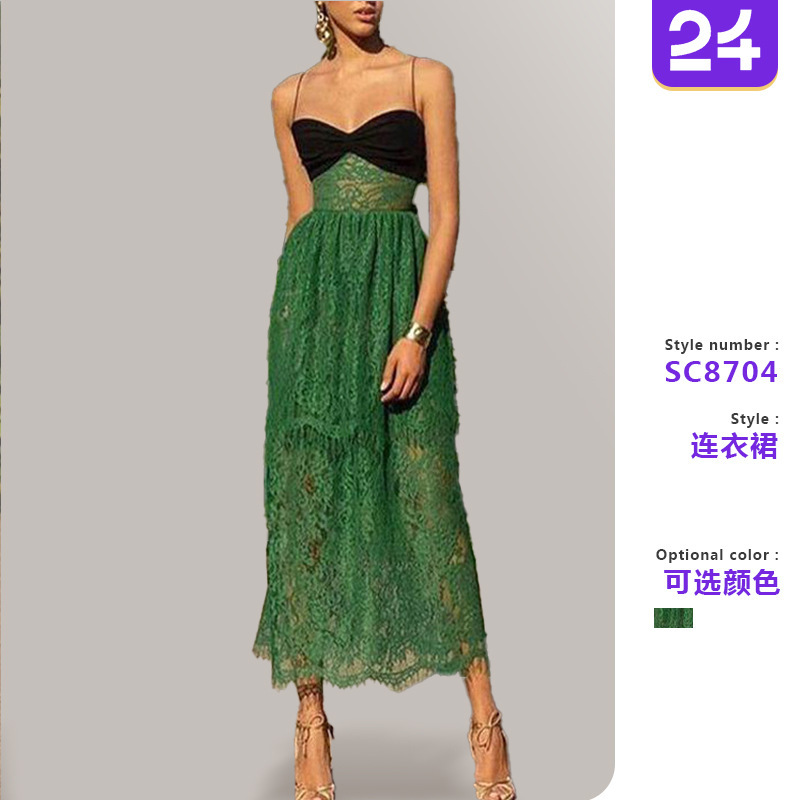 2026 Summer New European and American Style Cross-Border Women's Dress, Sexy Lace Green Hollow-Out Vacation Multi-Layer Long Dress