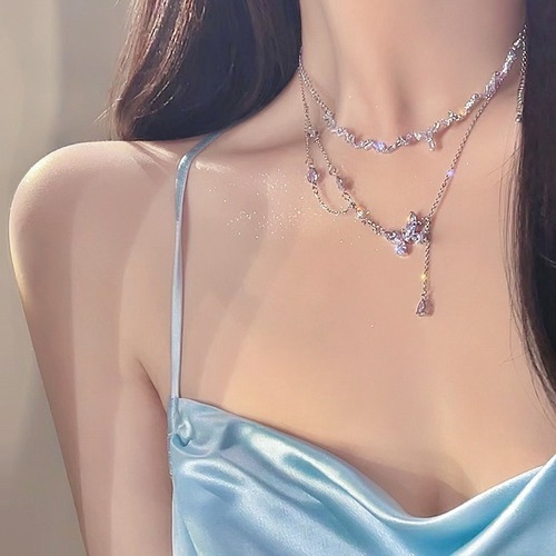 New Korean Droplet Butterfly Necklace for Women, Lightweight and Unique Cluster Chain Design, Summer Citrine Lock Chain, Fairylike