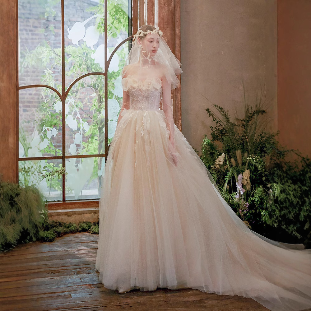 Foreign Trade European and American French Retro Tube Top Wedding Dress [Orchard Girl] Trailing Gauze Romantic Bridal Wedding Dress