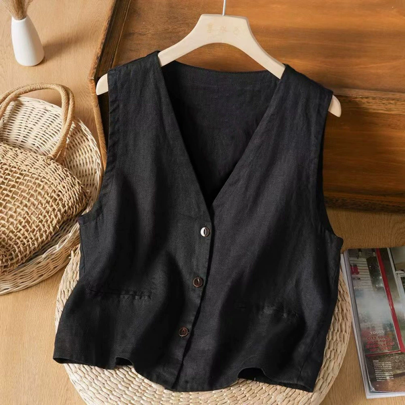 Summer retro solid vest for leisure, cotton and linen
