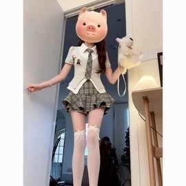独特漂亮学院风假两件衬衫上衣女jk高腰格纹a字半身裙裤裙两件套