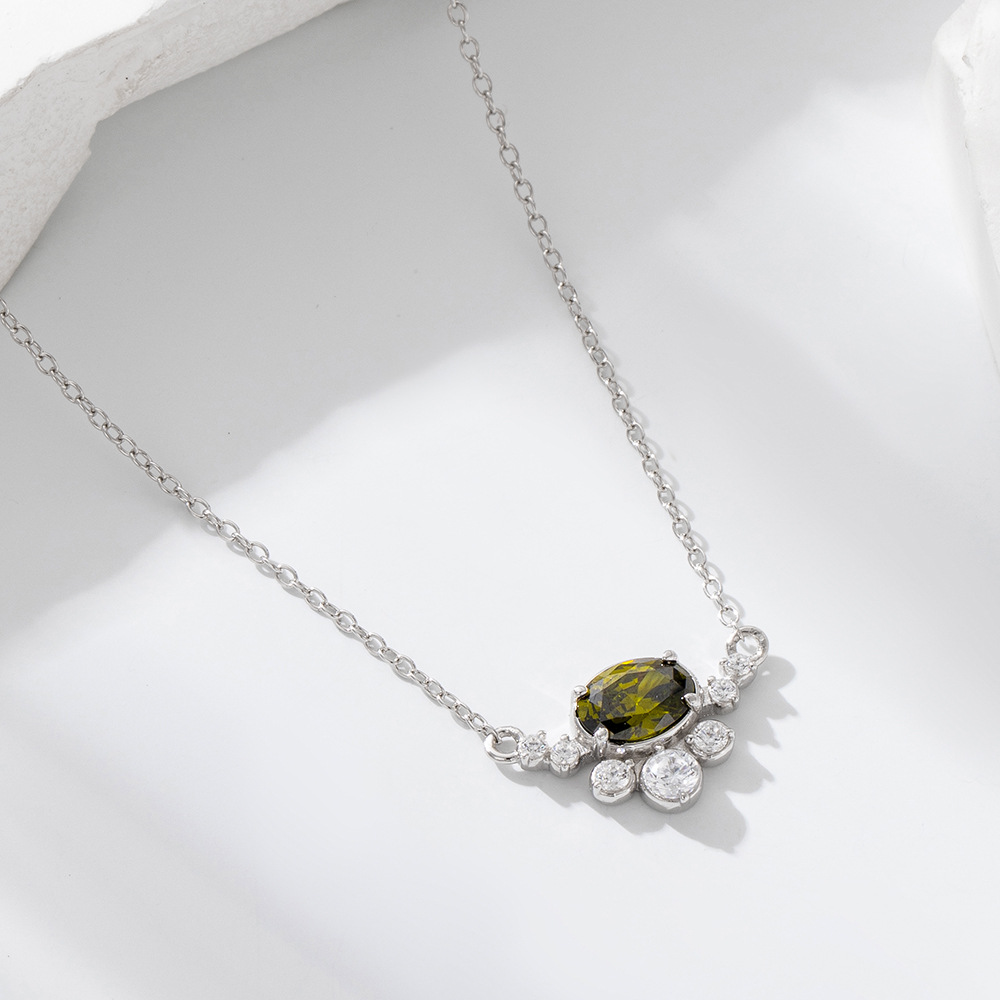 S925 plata de ley en forma de huevo color verde oliva circonita colgante collar femenino europeo y americano transfronterizo estilo color tesoro cadena de clavícula collar
