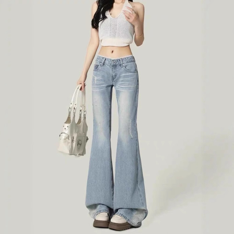 Lace Splicing Micro-Flared 2025 New Light Blue Washed Low-Waist Slim Versatile Casual Flared Jeans for Women
