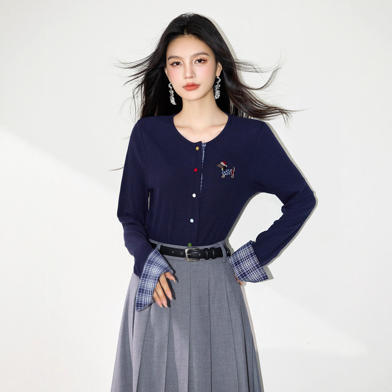 学院风假两件上衣女秋季2025新款韩系气质显瘦开衫拼接长袖针织衫|undefined