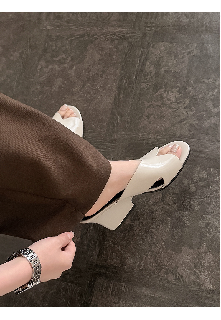 Sandal cao gót nữ hở mũi quai ngang da thật gót 8 cm — màu nâu, màu đen, màu trắng chi tiết 7