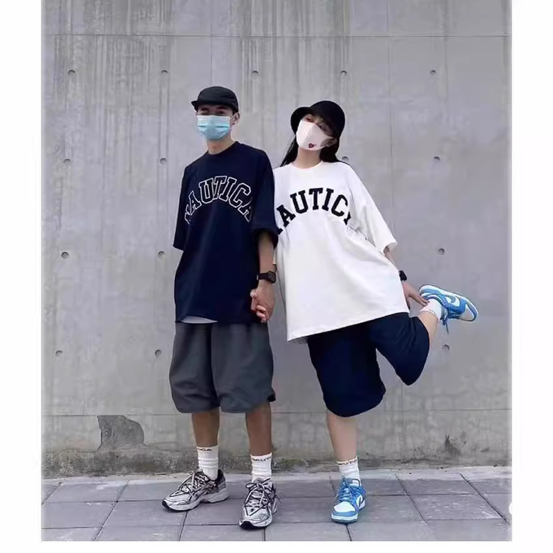 NAUTICA Hasegawa Produced Japanese Trendy Brand Heavy Loose Letter Embroidered Short-sleeved T-shirt for Men and Women Summer Base Shirt