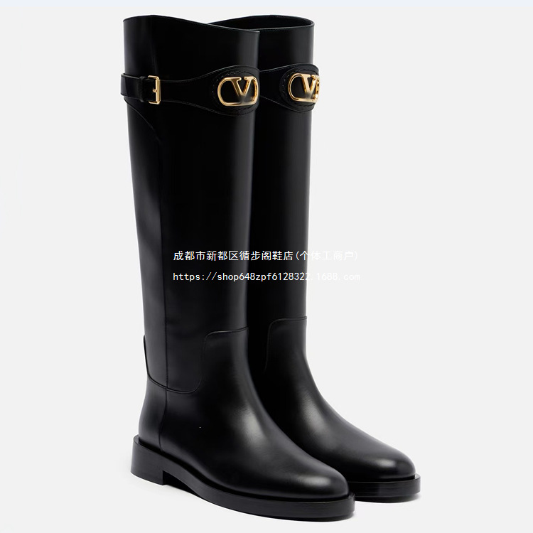 Fashionable New Style Cowhide High-Top Riding Boots, High-Top Boots in Various Sizes, Women's Boots with Belt Buckle, Round-Toe Flat Women's Shoes