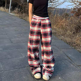 美式复古红色格子裤男夏季薄款慵懒松弛感格纹裤子直筒运动休闲裤