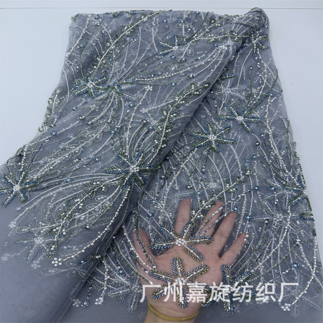 Tejido de malla de perlas de trabajo pesado pequeño diseño fresco de perlas de tubo bordado tela vestido de boda vestido de desfile