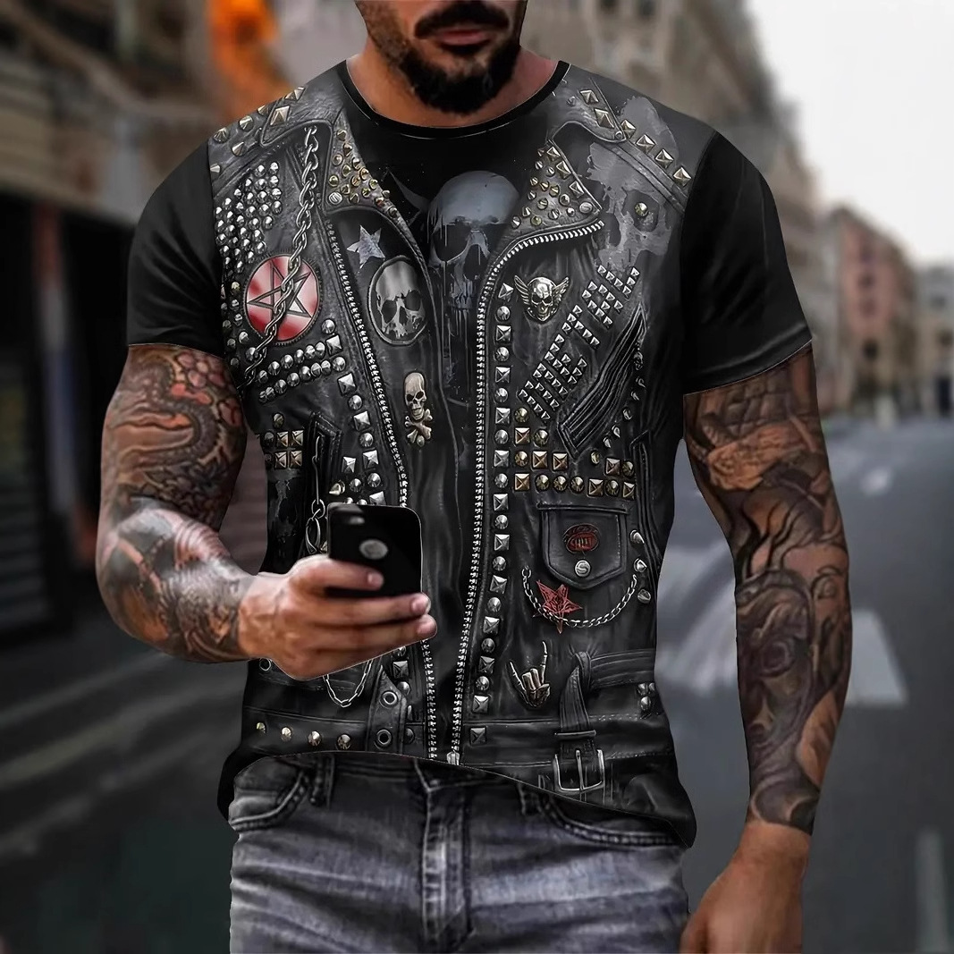Personalidad divertida chaqueta de mezclilla de metal estampado 3D camiseta de cuello redondo de manga corta suelta y transpirable de la calle de verano de los hombres