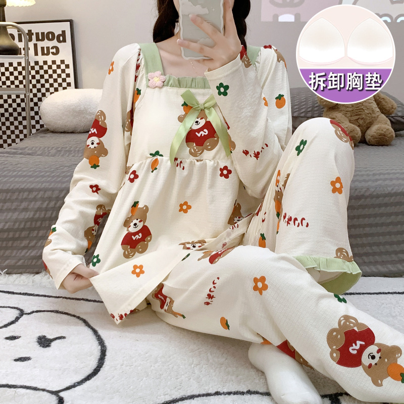 Primavera y otoño nuevo pijamas de las mujeres tejido crepe cuello cuadrado pullover pantalones manga larga con almohadilla en el pecho dulce desgaste del hogar traje