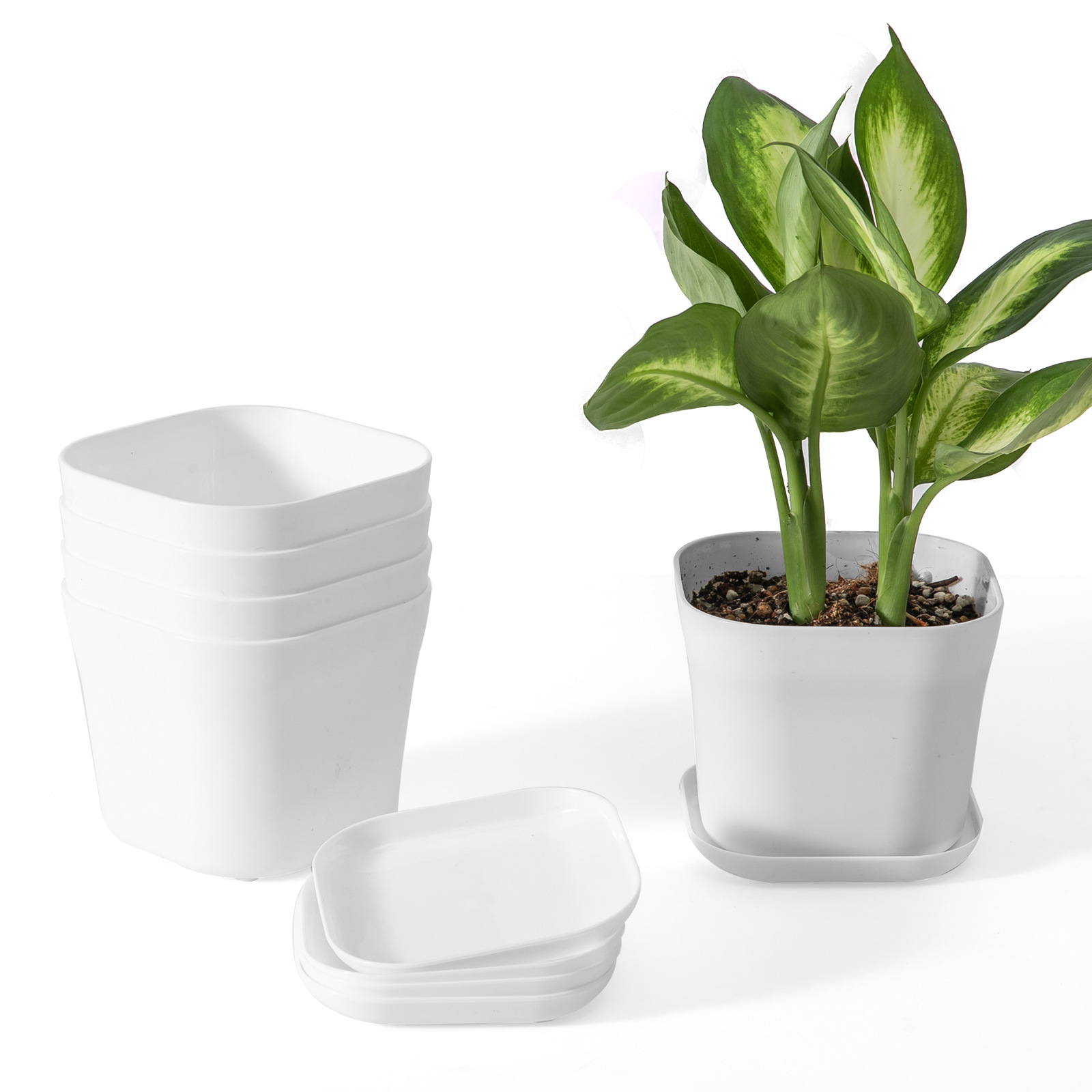 Maceta cuadrada pequeña de plástico, blanca, oficina y escritorio, para suculentas