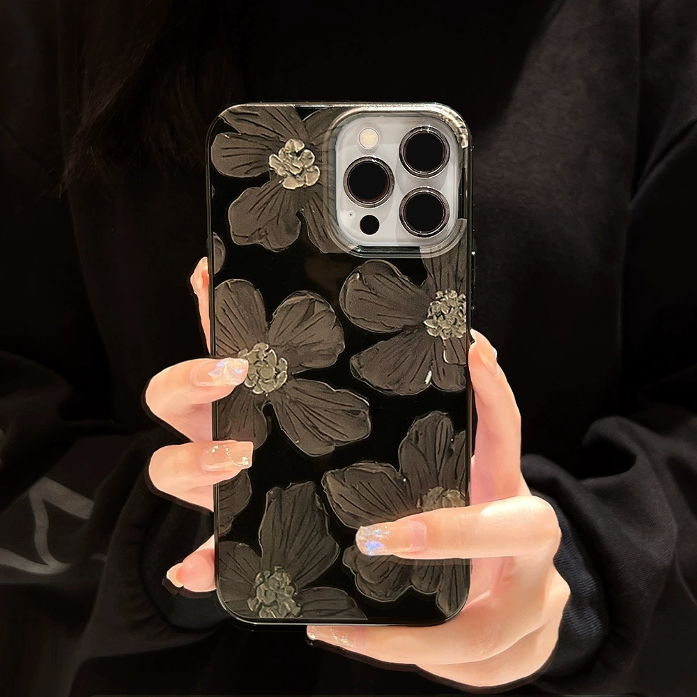 Silicone Phone Case (iPhone) Floral Oil-Paint Design, Bright Black, Slim Protective