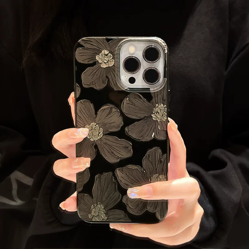 Silicone Phone Case (iPhone) Floral Oil-Paint Design, Bright Black, Slim Protective