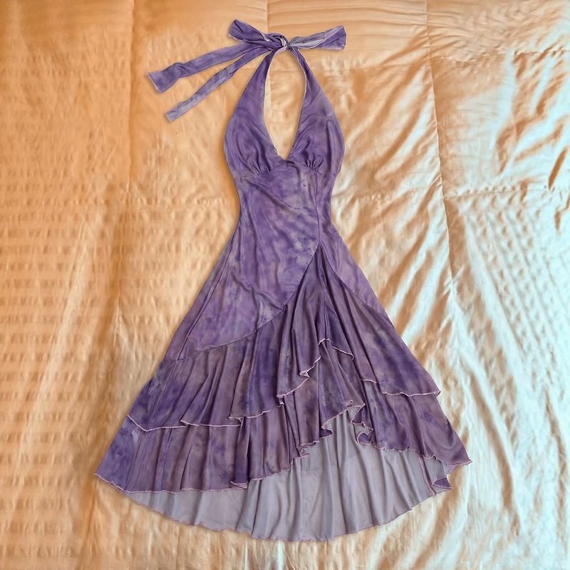 2026Y2K Retro Halter Neck Dress in Light Purple with a Smudged Effect, Slimming A-Line Dress, Pure Desire Style Long Dress, Sweet and Spicy Girl Dress