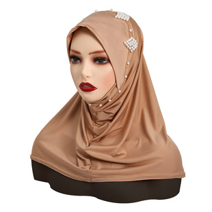 Solid color nail pearl embellished bag chin convenient headscarf Malay Indonesia base cap Instant Hijab