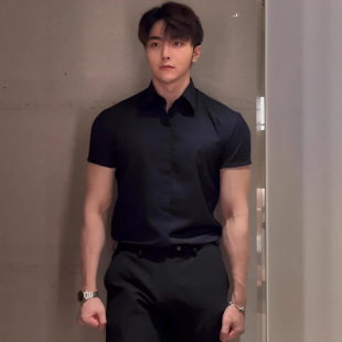 Black Men's Right Shoulder Short-Sleeved Shirt Summer Thin British Yuppie Men's No-Iron Anti-Wrinkle Elegant Slim Shirt