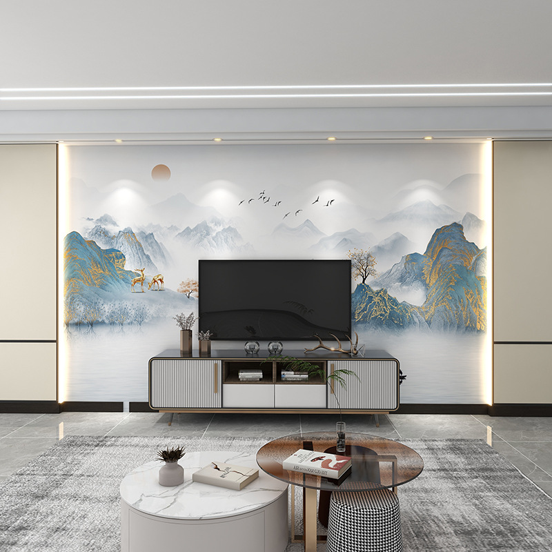 新中式水墨山水壁画电视背景墙壁纸客厅沙发影视墙布轻奢大气墙纸