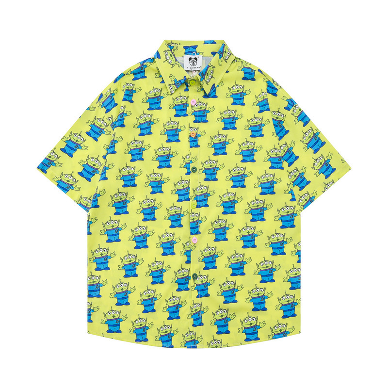 Chao Shen's Casual Children's Fun Cartoon Japanese Style Full Printed Three-eyed Cute Girl's Loose Short-sleeved Shirt Cardigan for Summer