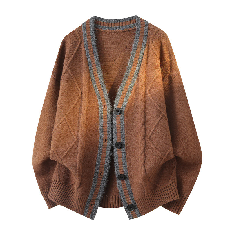 Explosiones transfronterizas de tamaño europeo de tamaño V cuello de color mosaico jersey jersey jersey cardigan hombre chaqueta otoño invierno fábrica al por mayor