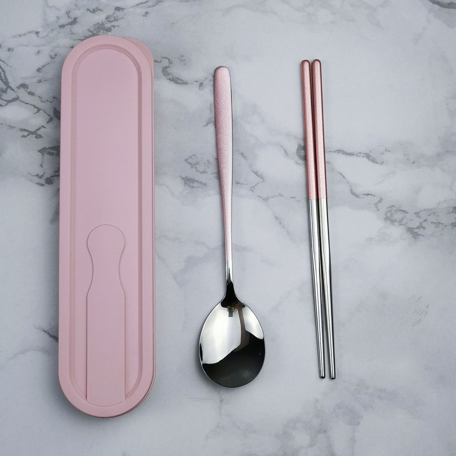 304 de acero inoxidable vajilla estilo coreano palillos conjunto de tres piezas traje portátil estudiante comedor al aire libre logotipo impreso